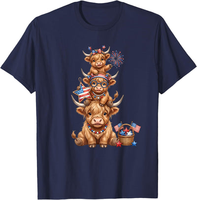 Cute Highland Cow 4th of July Patriotic American Flag T-Shirt