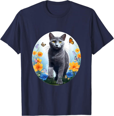 Sweet Russian Blue Cat Flower Design Russian Blue Cat Cat Flower T-Shirt