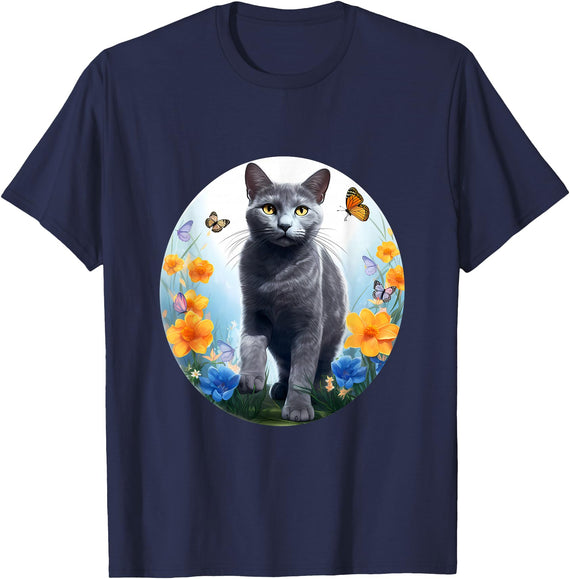 Sweet Russian Blue Cat Flower Design Russian Blue Cat Cat Flower T-Shirt - Navy Blue