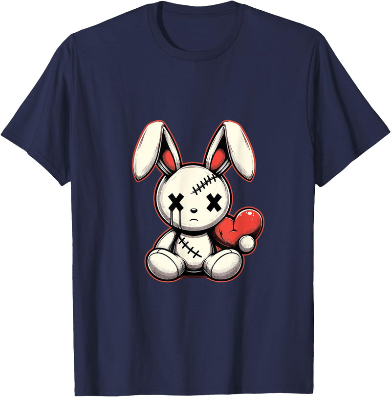 Heartfelt Voodoo Bunny Stitched Rabbit Gothic T-Shirt in Navy Blue