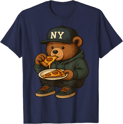 Hip Hop Teddy Bear Eating New York Style Pizza Teenager Men T-Shirt