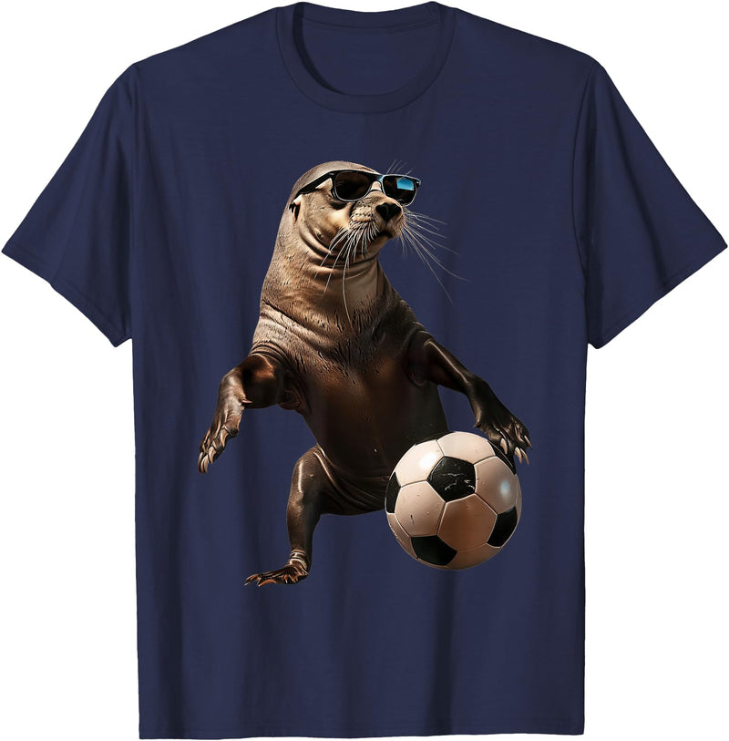 Animal Soccer Design Sea Lion Soccer T-Shirt - Navy Blue