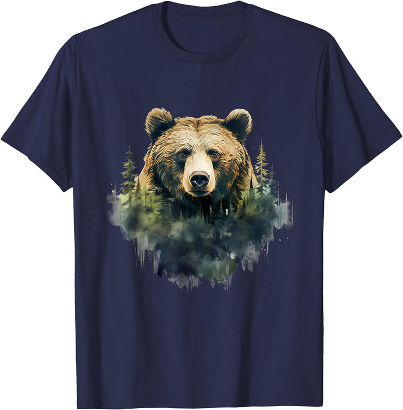 Bear Forest Animal Art Portrait Forest Artwork Wildlife T-Shirt - Navy Blue