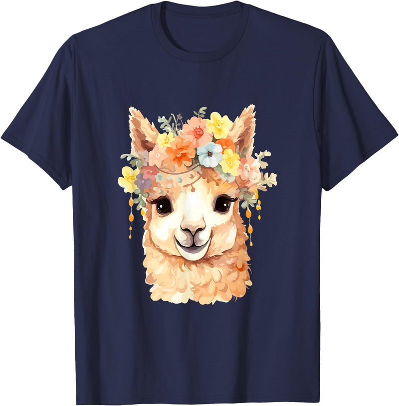 Alpaca and llama with flowers Designs Alpaca with Flowers, Cute Alpaca and Llama T-Shirt - Navy Blue