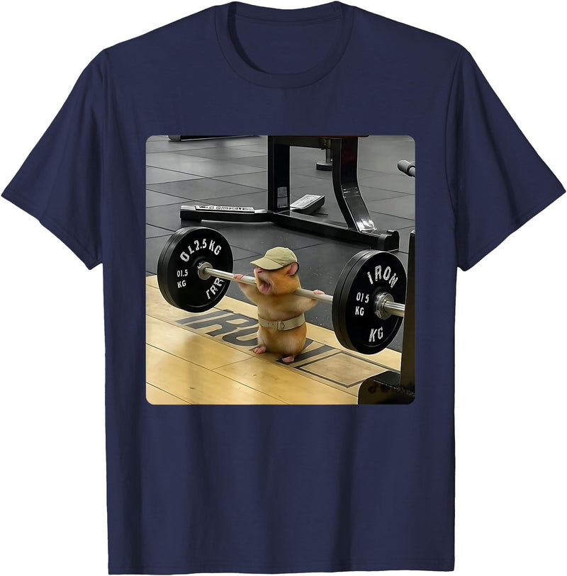 Hamster Deadlift Training Funny Cute Rat Weightlifting Meme T-Shirt - Navy Blue
