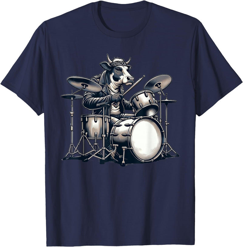 Cute Cow Playing Drums Cow Lover Apparel Cute Cow Playing Drums Cows Drummer Music T-Shirt - Navy Blue