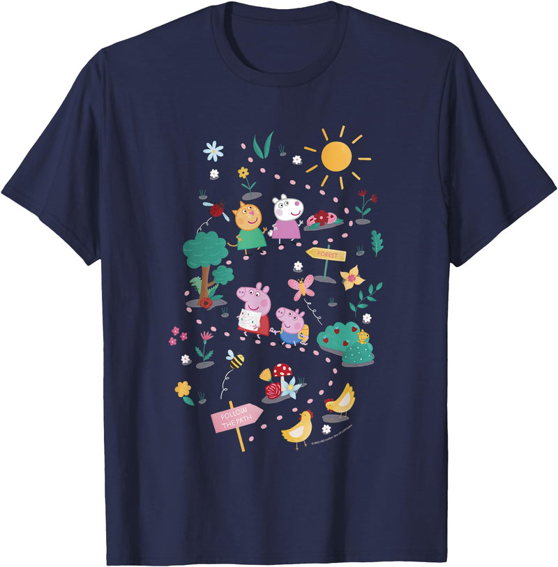 Peppa Pig Follow The Path To The Forest Group Shot T-Shirt - Navy Blue