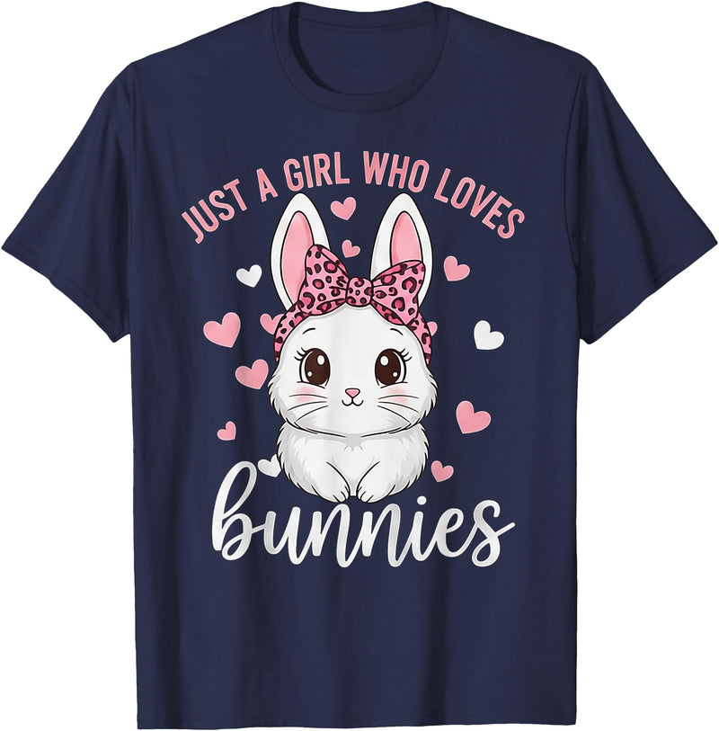 Cute Bunny Rabbit Girls Kids Just a Girl Who Loves Bunnies T-Shirt in Navy Blue