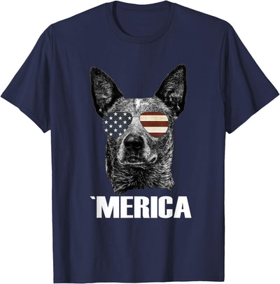 Merica Australian Cattle Dog with Usa Flag Sunglasses T-Shirt