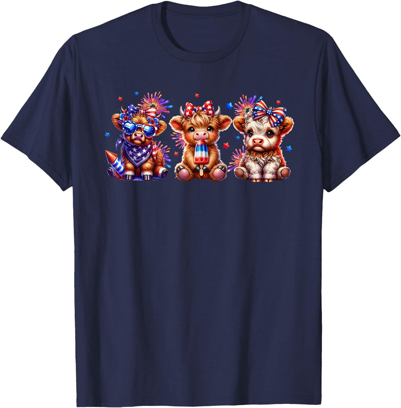 July 4th Highland Cow Farm Lovers American Costume Highland Cow Cattle Animal Lover Patriotic 4th of July T-Shirt - Navy Blue