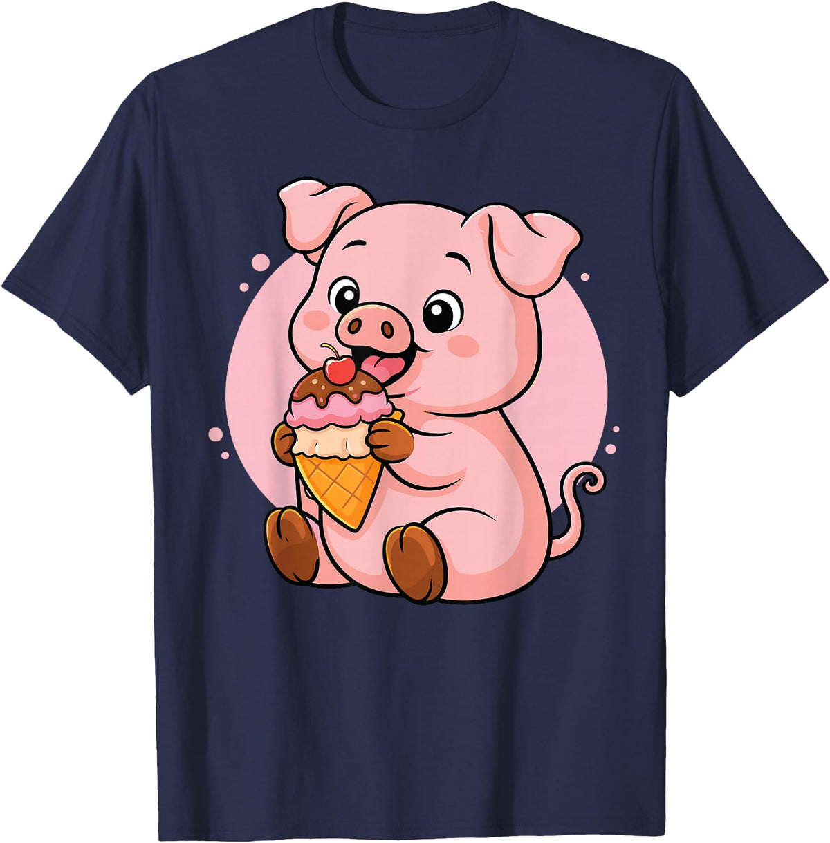 Funny Cute Pig Ice Cream Kawaii Design Pig Eating Ice Cream Graphic Boys Girls Pig Lover T-Shirt - Navy Blue