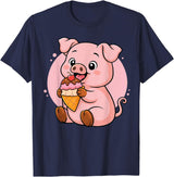 Funny Cute Pig Ice Cream Kawaii Design Pig Eating Ice Cream Graphic Boys Girls Pig Lover T-Shirt - Navy Blue