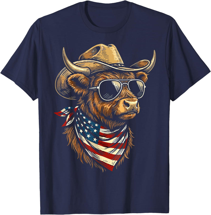 Highland Cow Patriotic USA Western USA Patriotic Cowboy Highland Cow Western 4th of July T-Shirt - Navy Blue