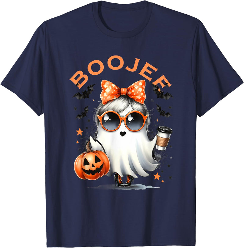 Spooky Halloween Ghost Reading Books Women Girl T Boo JEE Ghost with Coffee Coquette Bow Halloween Women Girl T-Shirt - Navy