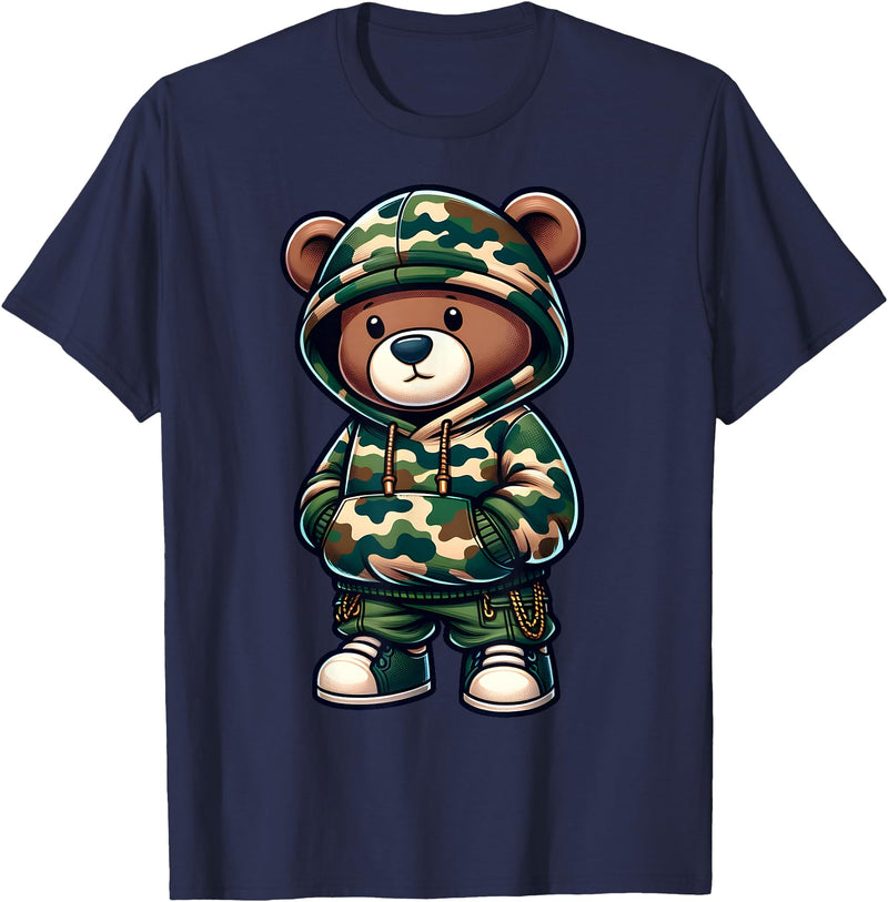 Camo Teddy Bear Hip Hop Designs for Men & Boys Camo Hip Hop Teddy Bear Camouflage Gangsta Streetwear Hustle T-Shirt - Navy Blue