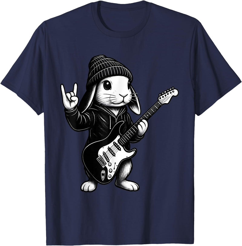 Cute Easter Bunny Rabbit Rock Guitar Music Player Animal T-Shirt in Navy Blue