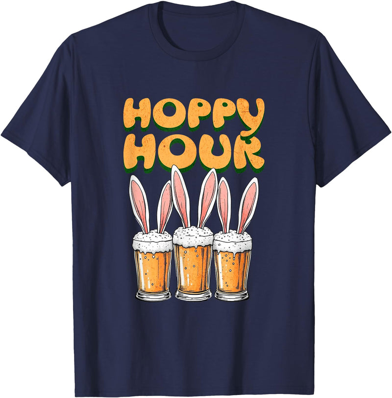 Hoppy Hour Funny Happy Easter Day Rabbit Ears Men Women T-Shirt in Navy Blue