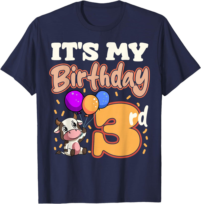 Cow Birthday 3 Party Farmyard Apparel Cow 3rd Birthday Party Balloons Moo Farm Animal Vet Barn T-Shirt - Navy Blue