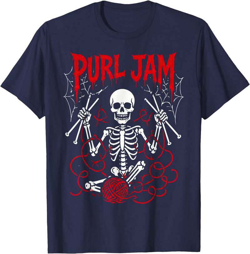 Bone Knitting Co. Purl Jam Skeleton Knitting Craft Lover Funny Design T-Shirt - Navy Blue