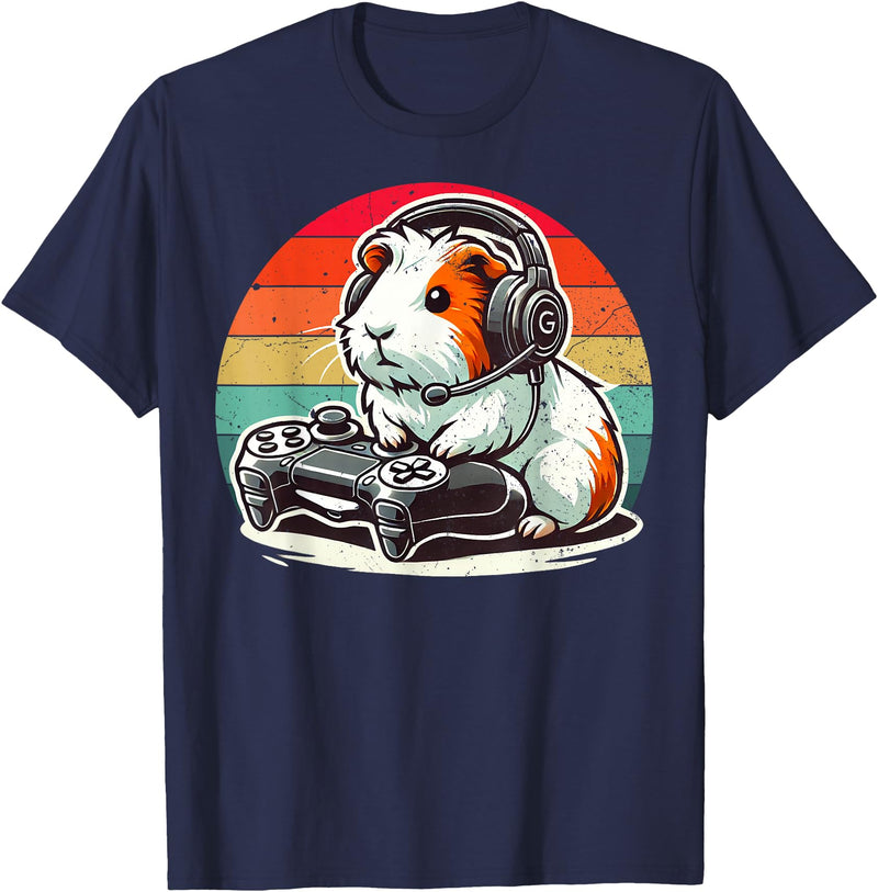 Funny Retro Guinea Pig Gamer Tee Guinea Pig Gamer Retro Video Gaming Cavy Men Boys Kids Youth T-Shirt - Navy Blue