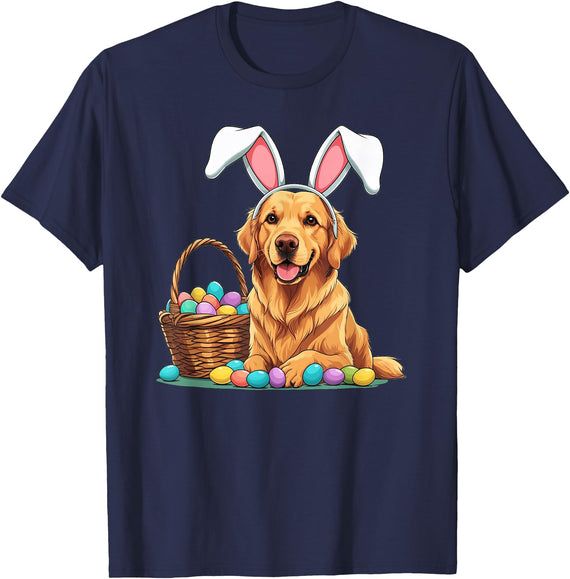 Easter Golden Retriever Dog, with Bunny Rabbit Ears T-Shirt in Navy Blue