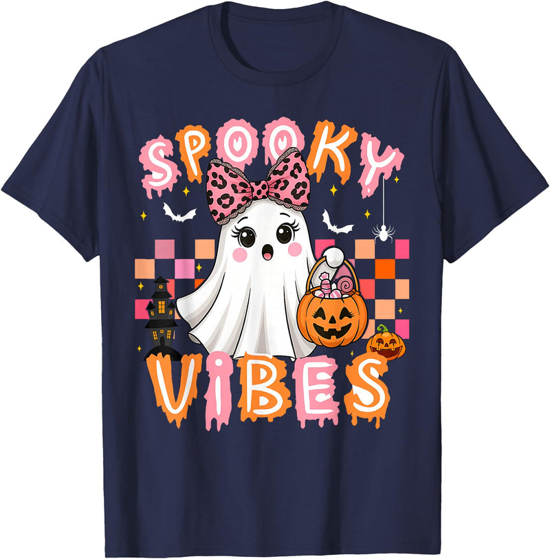 Cute Boo Leopard Halloween Costumes Spooky Vibes Cute Boo Ghost Halloween Costumes Girls T-Shirt - Navy Blue