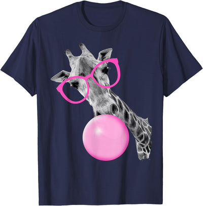 Cool Giraffe Blowing Bubble with Pink Glasses – Funny Animal T-Shirt