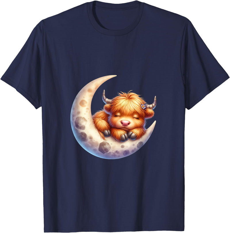 Cute Baby Highland Cow Sleeping on the Moon Heifer Farm T-Shirt - Navy Blue