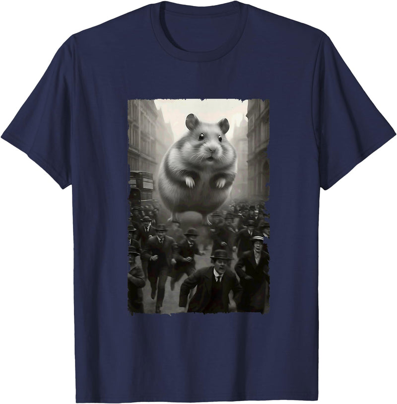 Giant Puffy Hamster Funny Destroying Retro City Picture T-Shirt - Navy Blue