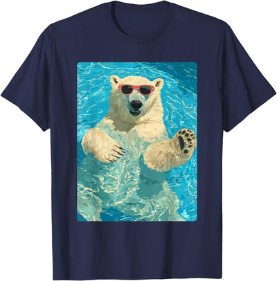 Pool Party Summer Animals Designs Funny Polar Bear with Sunglasses Summer Animal Swimming T-Shirt