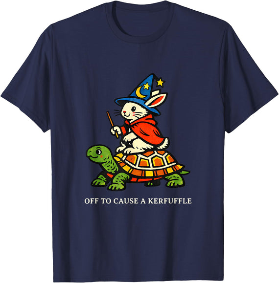 Off to Cause a Kerfuffle Bunny Rabbit Turtle T-Shirt in Navy Blue