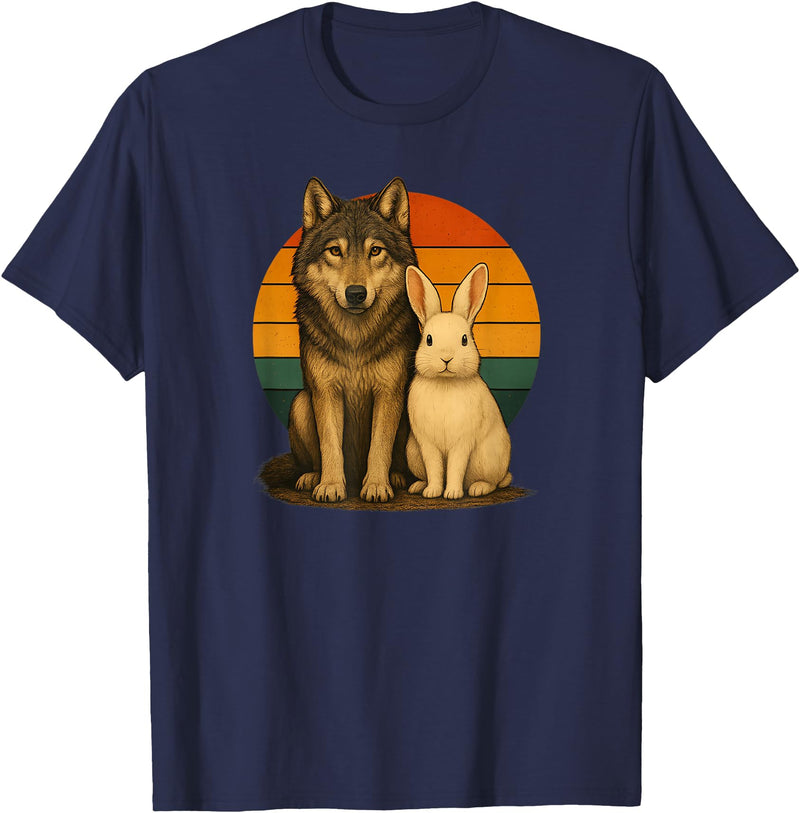 Wolf Rabbit Retro Animal Friends T-Shirt in Navy Blue