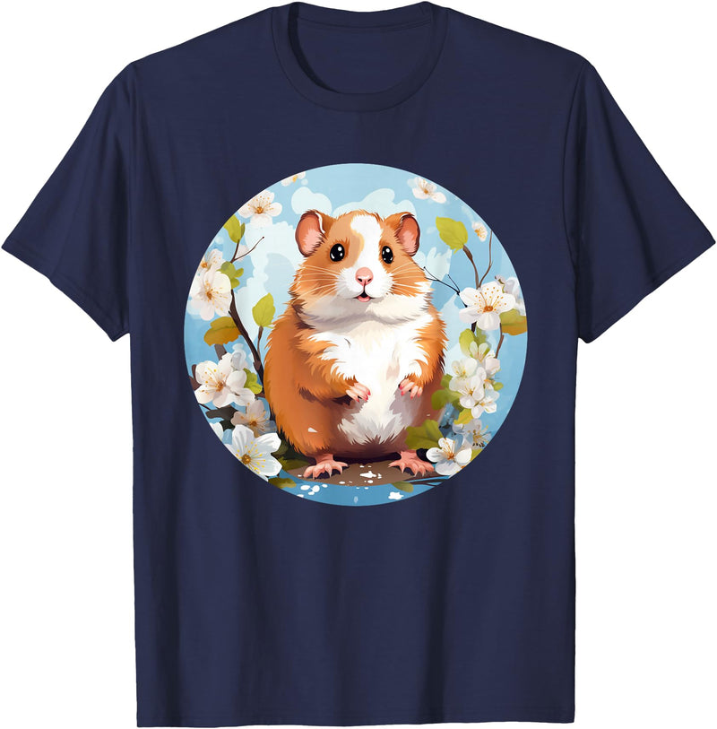 Cool Spring Flowers with Hamster for Season Lovers T-Shirt - Navy Blue