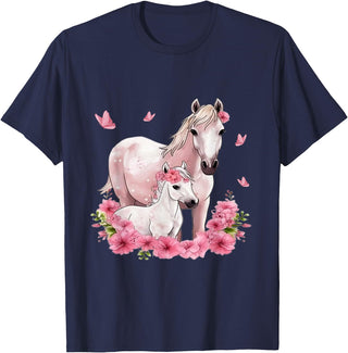 Horse Foal Butterfly Girl Flowers Horseback Riding Horse with Foal - Flowers and Butterflies T-Shirt - Navy Blue