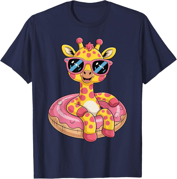 Cute Giraffe On Vacation Graphic Summer For Kids Girl T-Shirt - Navy Blue