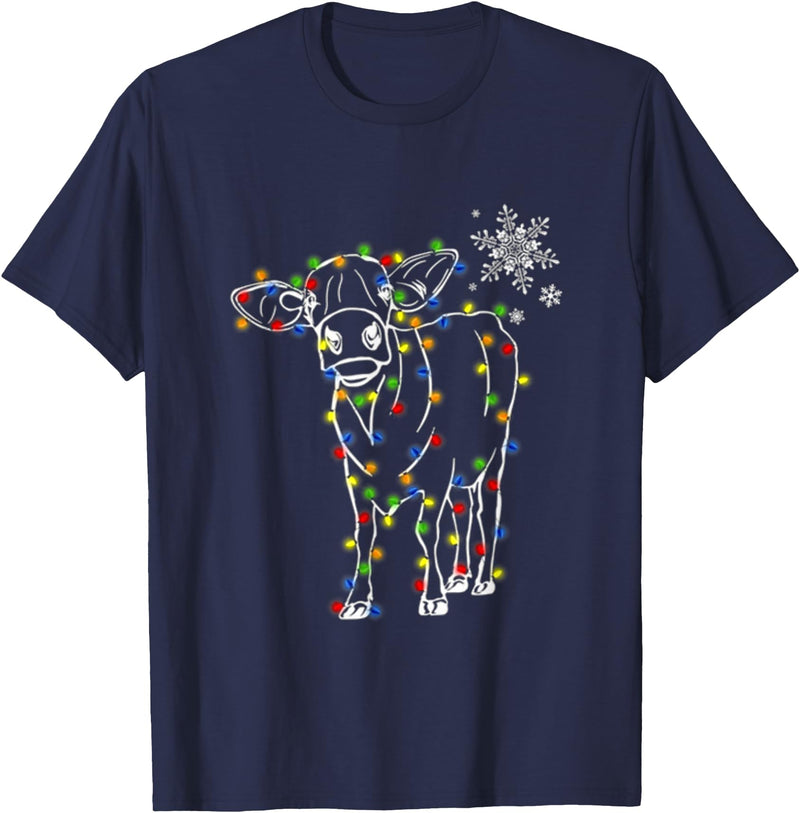 Cow Christmas Light Tree Cow Xmas Snow Lover T-Shirt - Navy Blue