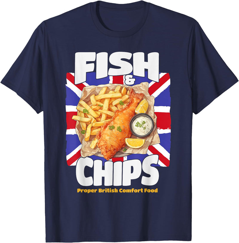 Fish & Chips Costume Ideas For Kids & UK Foods Fish And Chips Outfit Idea For Women & Novelty British Foods T-Shirt - Navy Blue