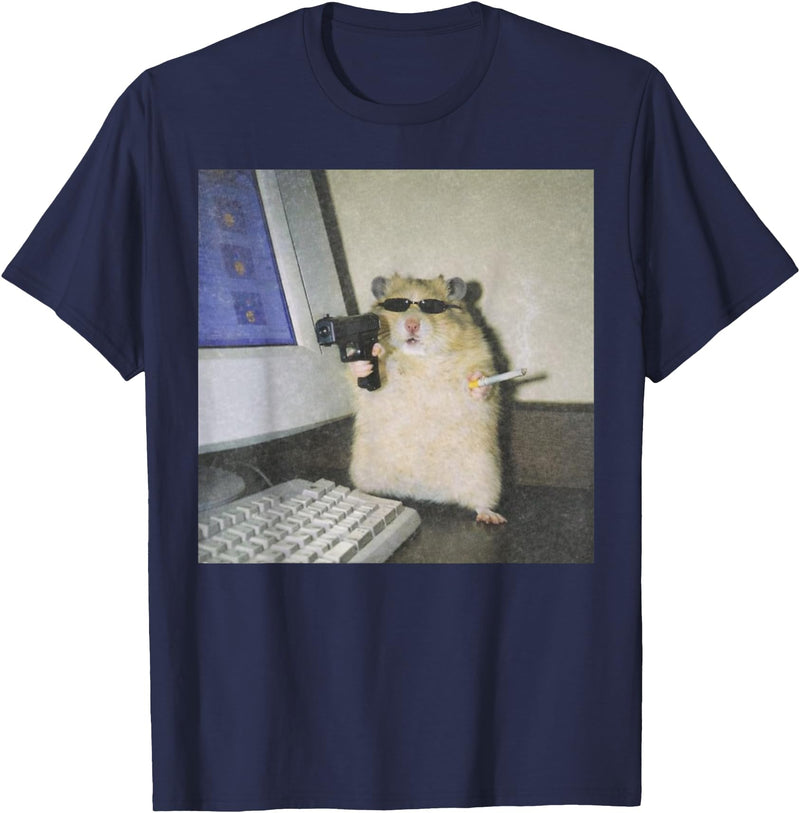 Cyber Hamster Meme Cringe Funny Animal Vintage Graphic Tee T-Shirt - Navy Blue