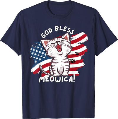 Your Country USA Dibble Dabble Designs Funny Cat Lovers God Bless Meowica Patriotic 4th of July T-Shirt