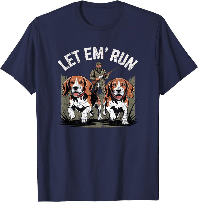 Vintage Beagle Dog Let Em' Run Rabbit Hunting T-Shirt in Navy Blue
