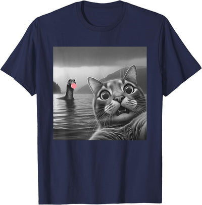 Luxinda Surprised Cat Selfie Loch Ness Monster Funny Surprised Cat Selfie with Loch Ness Monster, Bubble T-Shirt