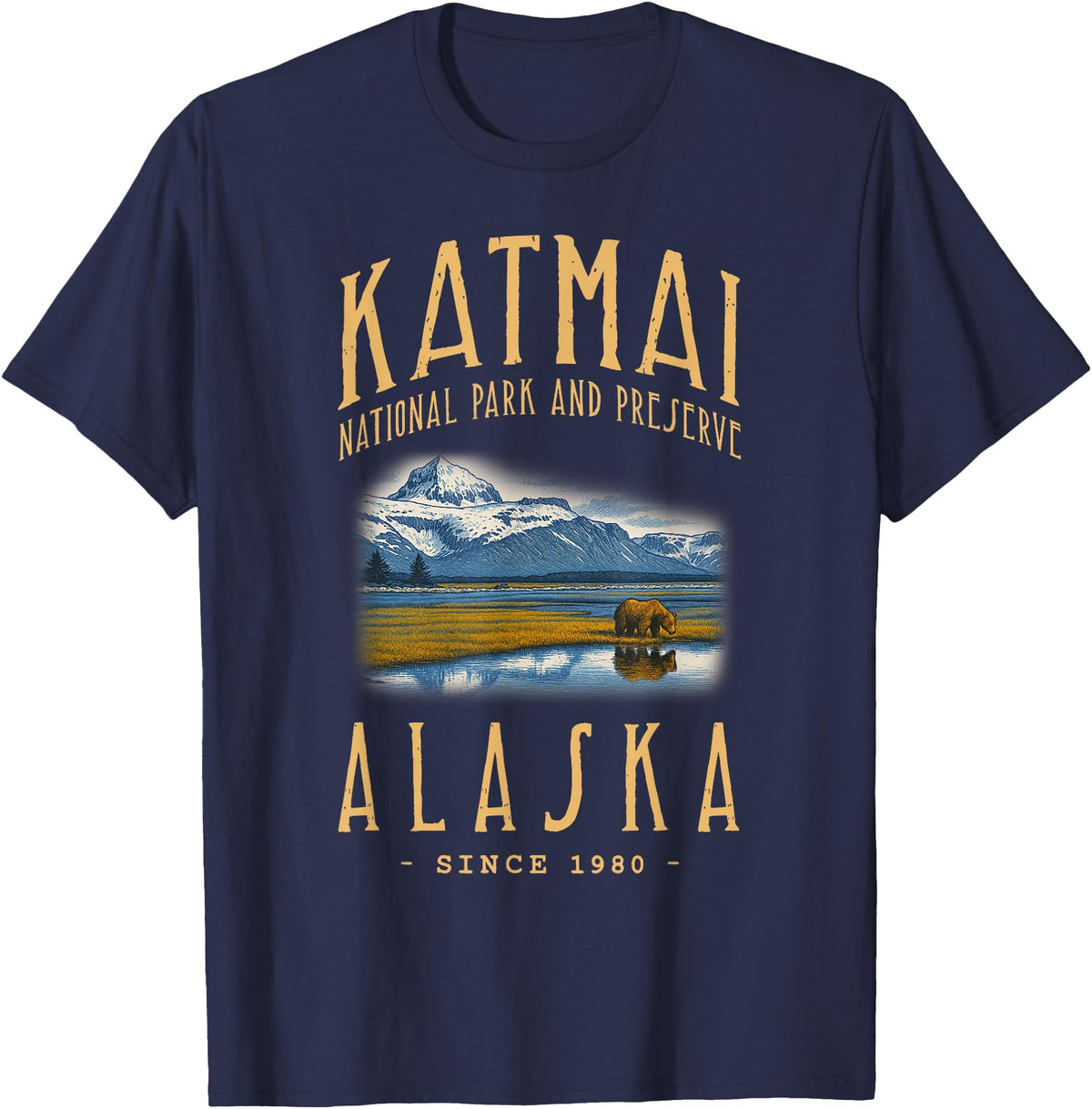 WILDLIFE NATIONAL PARK DESIGNS OF ALASKA KATMAI NATIONAL PARK, ALASKA. CAMPING, HIKER T-Shirt - Navy Blue