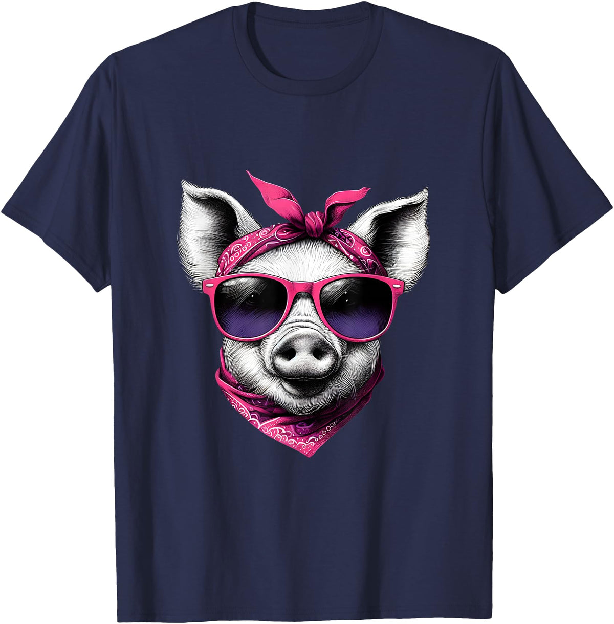 Fashionable Animals Wearing Pink Bandanas Pig Wearing A Pink Bandana Headband And Sunglasses T-Shirt - Navy Blue