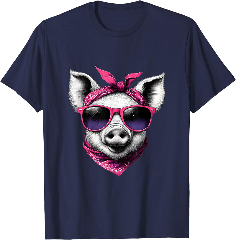 Fashionable Animals Wearing Pink Bandanas Pig Wearing A Pink Bandana Headband And Sunglasses T-Shirt - Navy Blue