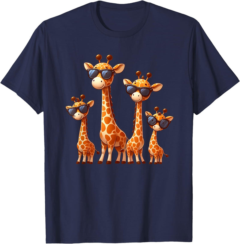 Zoo Family Funny Giraffe Animal Lovers Gifts Giraffe Family Sunglasses Safari Zoo Lover Cartoon Giraffes T-Shirt - Navy Blue