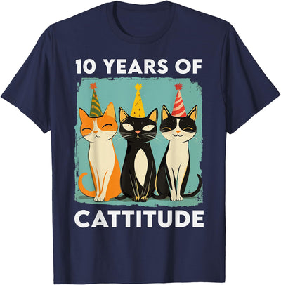Funny 10 Years Old Cat Lover Birthday Celebrations 10 Years Of Cattitude 10th Birthday Cat Lover 10 Years Old T-Shirt