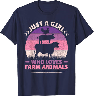 Just a Girl Who Loves Farm Animals Retro Sunset T-Shirt