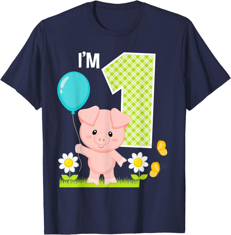 Cute Piglets Pig Barn Farm Birthday Party Supplies Pig 1st Birthday Girl 1 Year Old Birthday Cute Piglet Bday T-Shirt - Navy Blue
