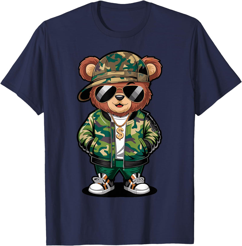 Magical and Funny Teddy Bear Gifts Hip Hop Teddy Bear Camouflage Rap Music T-Shirt - Navy Blue