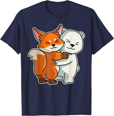 Fox and Polar Bear Hug Animal Girls Women Kids Polar Bear and Fox Cute Animals for Women Animal Hugging T-Shirt